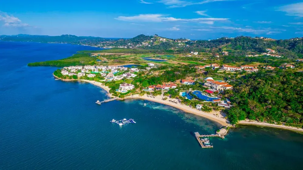 Aerial view of Próspera on Roatán Island, Honduras